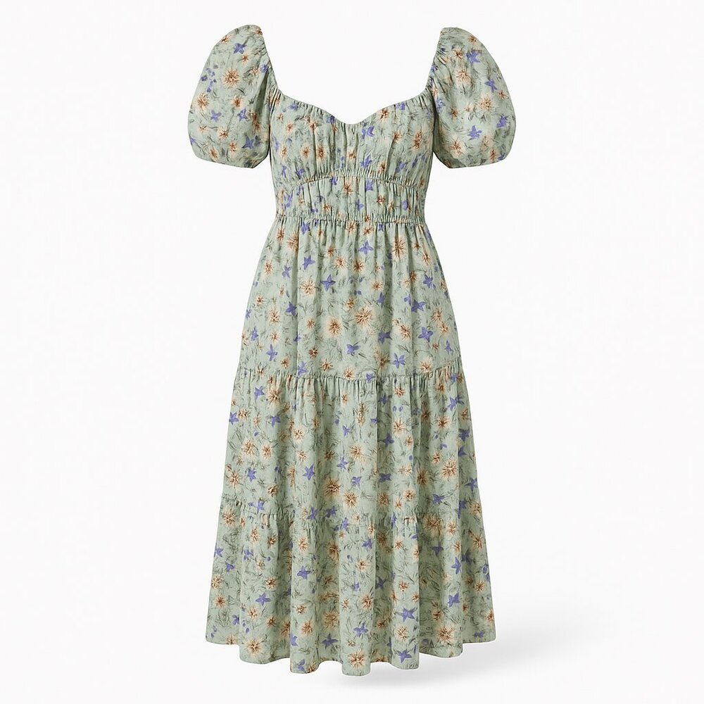ASTR The Label Puff Sleeve Floral Tiered Midi Dress Open Crisscross Tie Back | S